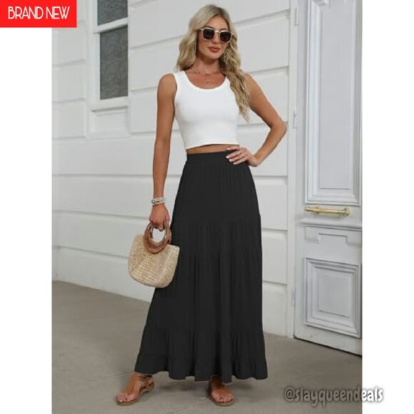 Maxi Skirt Elastic High Waist Tiered A-Line Flowy Boho Long - Picture 6 of 8